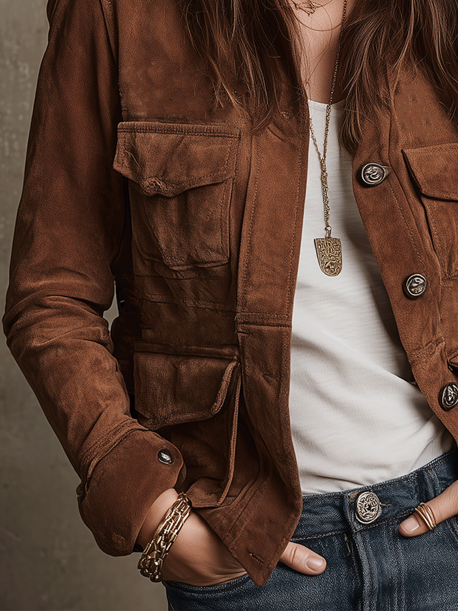 Vintage Brown Suede Utility Jacket