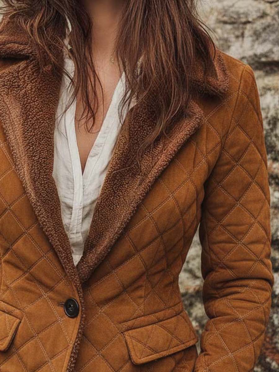 Vintage Suede Quilted Embossed Jacket With Shearling Trim