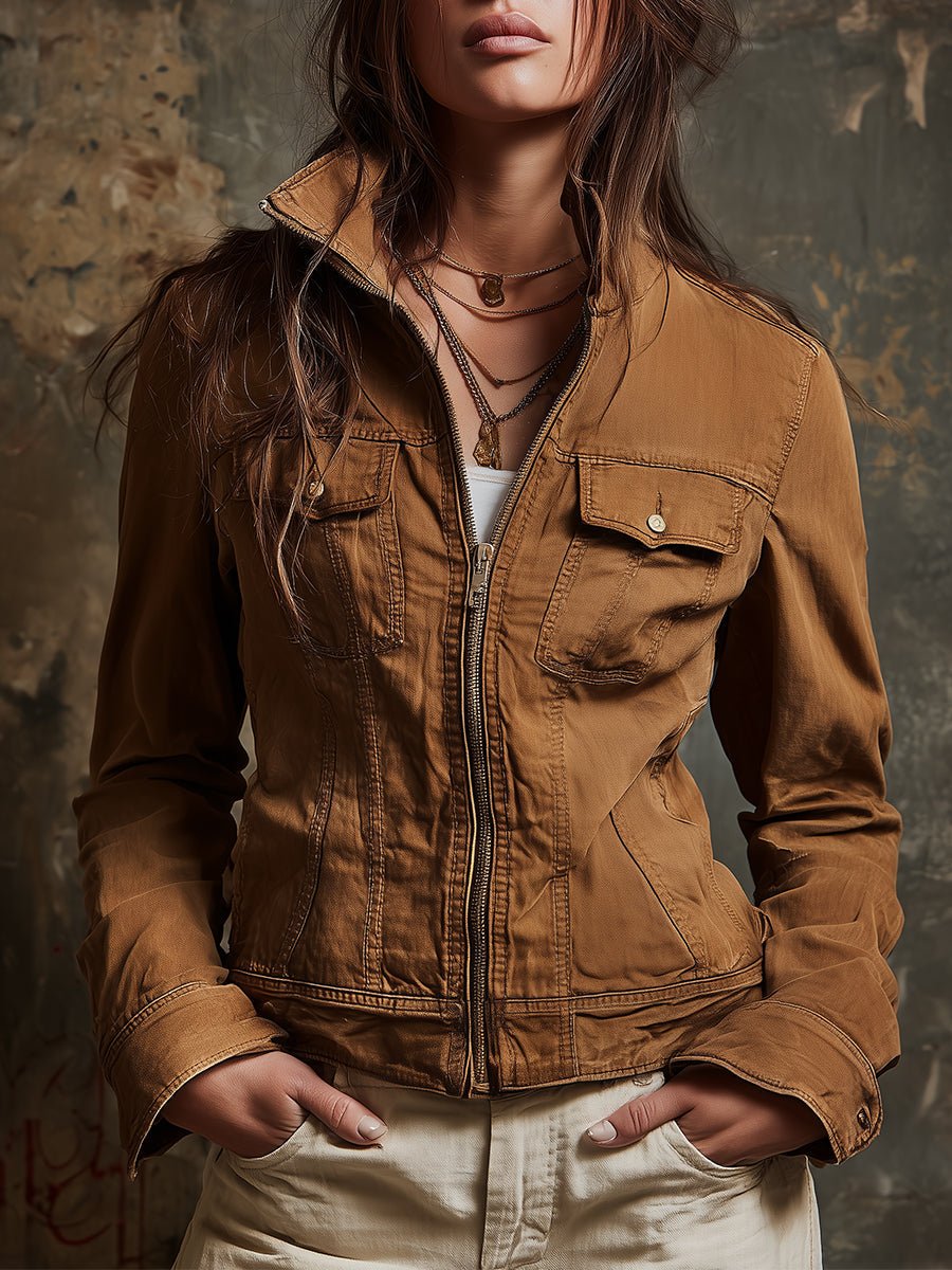 Vintage Washed Denim Front Zip Straight Jacket