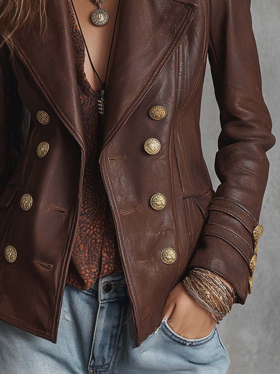 Retro Double-breasted Wide Lapel Faux Leather Jacket