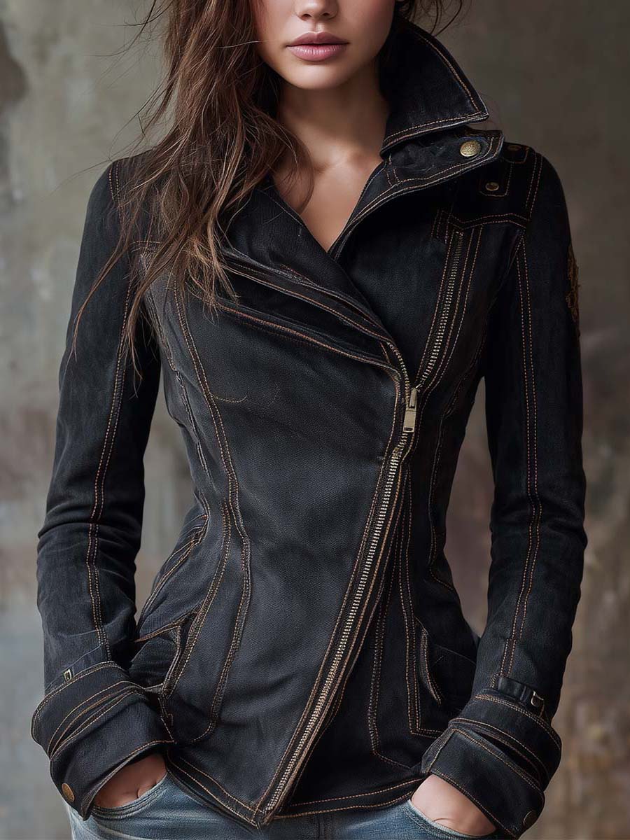 Vintage Washed Denim Moto Jacket – Charcoal Edge