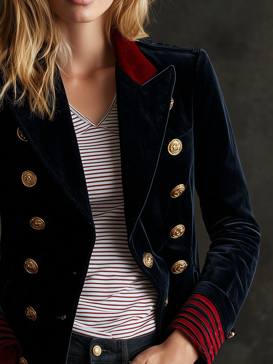 Navy Velvet Military Red Accents Blazer