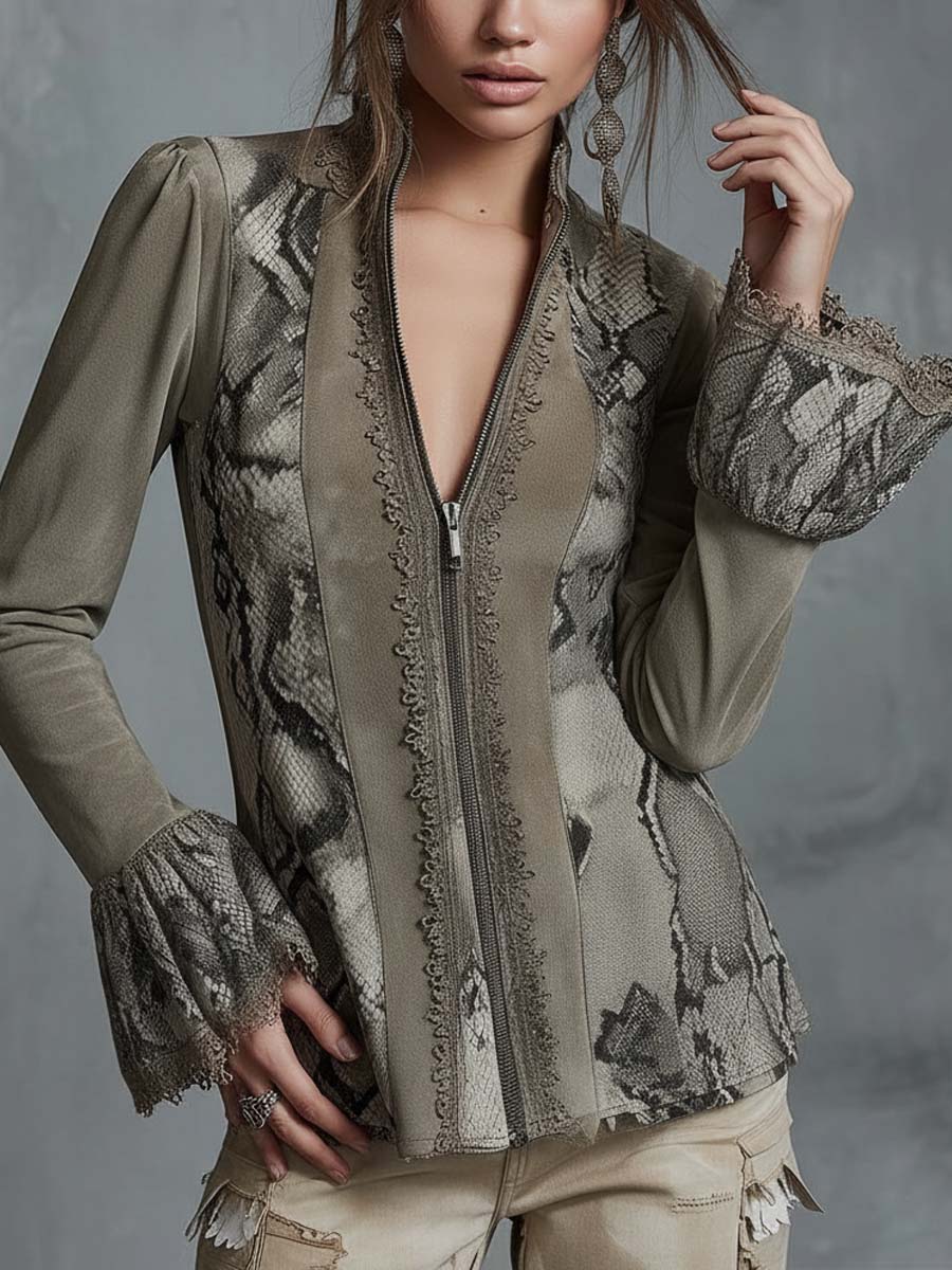 Eco-Suede Snake Print Zip-Up Blouse With Lace Cuff Detail