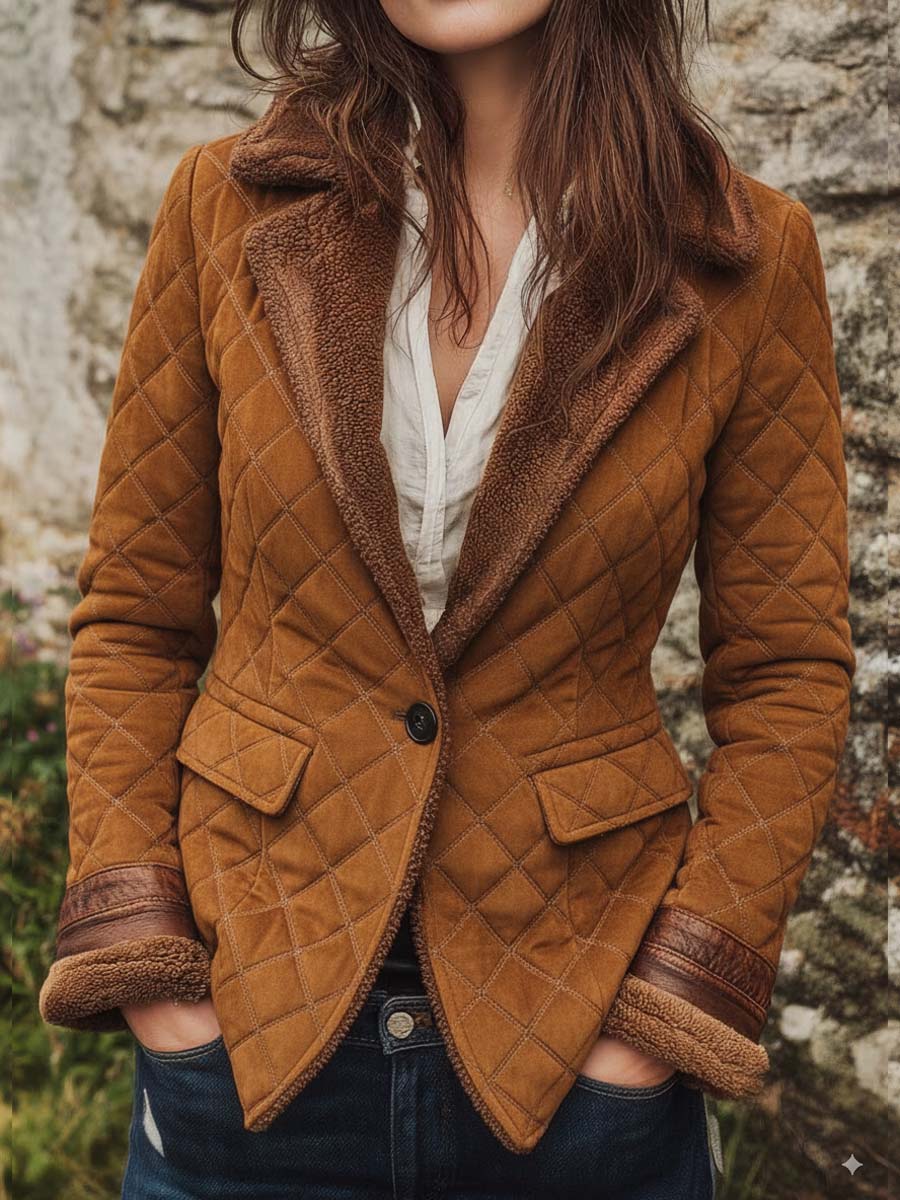 Vintage Suede Quilted Embossed Jacket With Shearling Trim