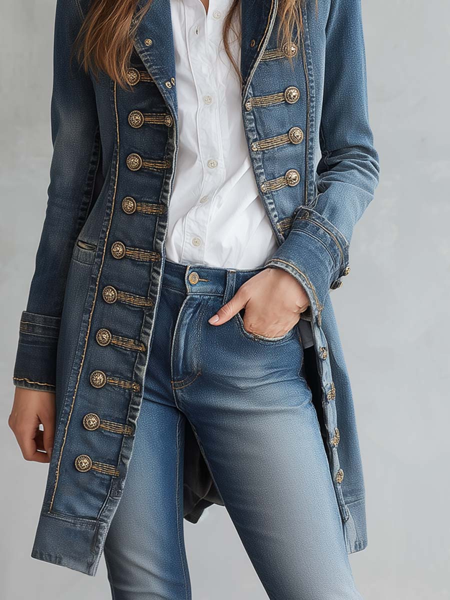 Retro Military Button-down Denim Jacket